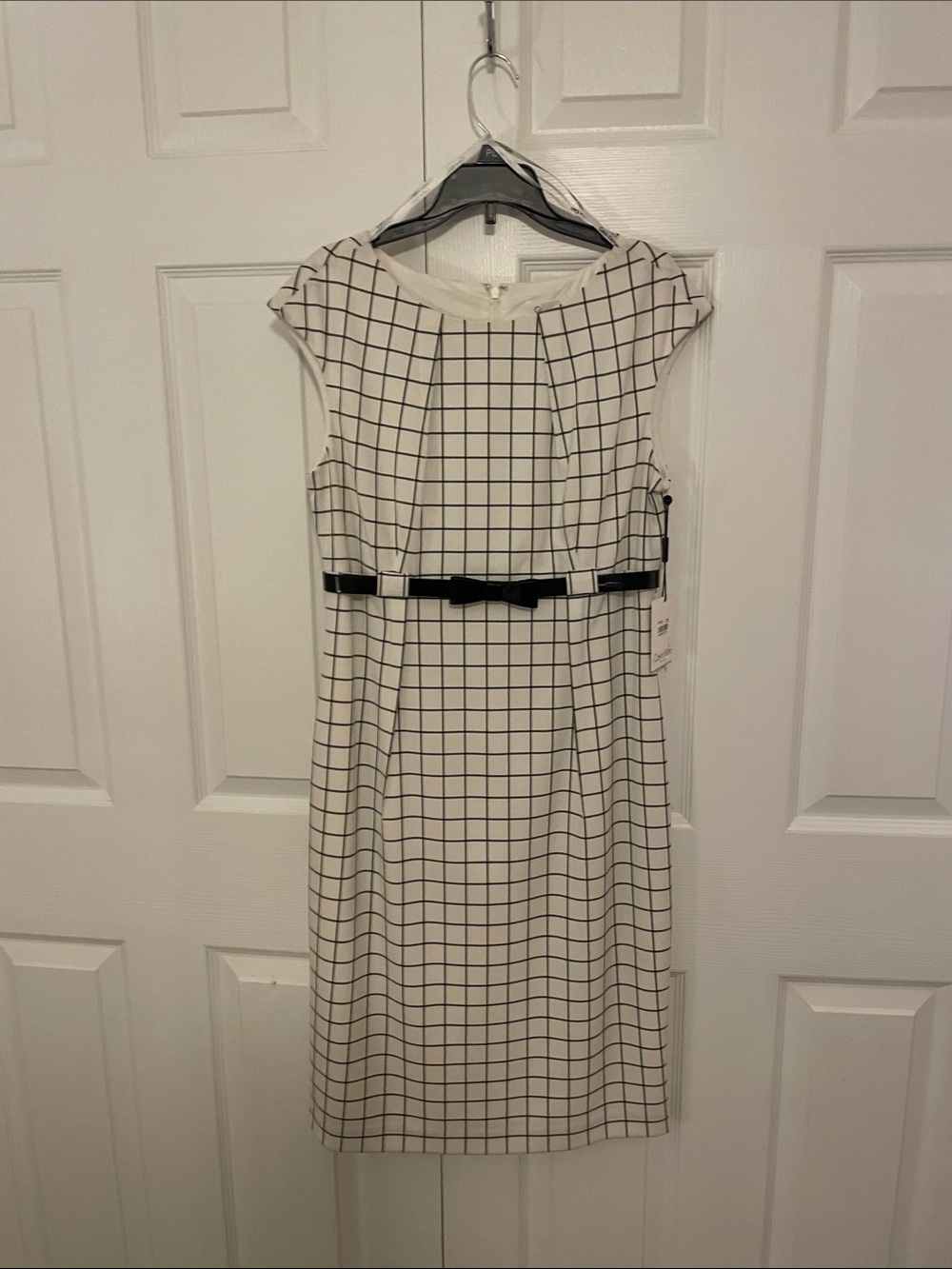 Calvin Klein White Grid-Check Sheath Dress with Black Belt